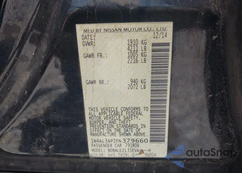 2015 Nissan Altima 2.5 S z USA, uszkodzony, nr VIN 1N4AL3AP2FN379660